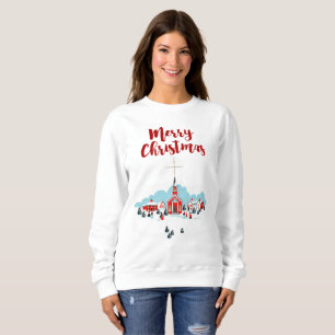 Winterlandschaft mit Roter Kirche und Weihnachtsst Sweatshirt