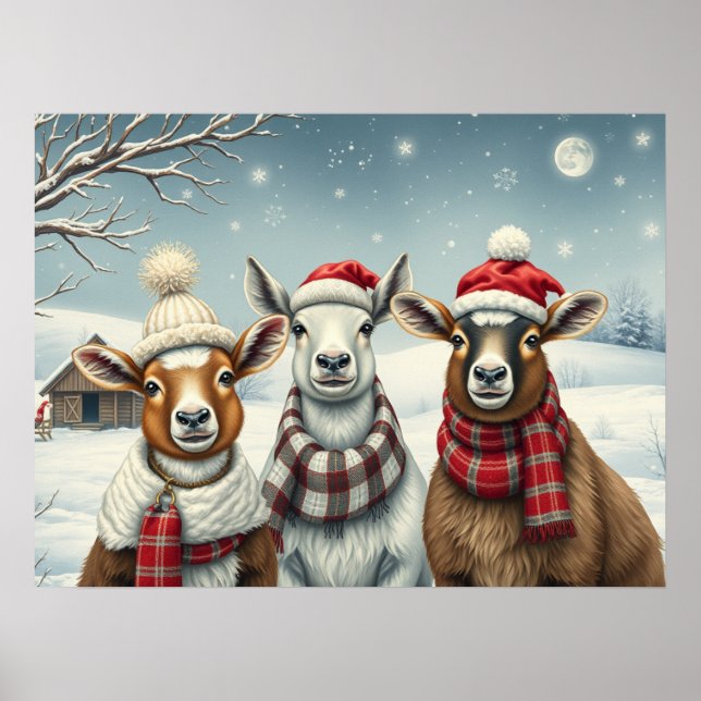 Winterlandschaft mit Schafen und Kabinen Poster (Vorne)