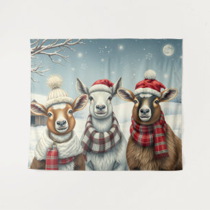 Winterlandschaft mit Schafen und Kabinen Wandteppich