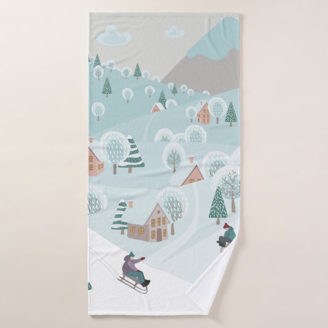 Winterlandschaft mit Schnee, Bäumen und Kindern au Badehandtuch (Badehandtuch)