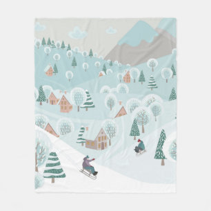 Winterlandschaft mit Schnee, Bäumen und Kindern au Fleecedecke