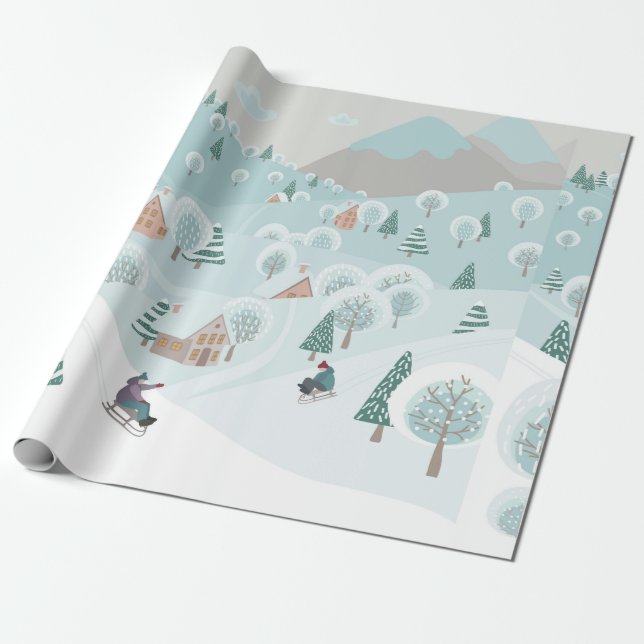 Winterlandschaft mit Schnee, Bäumen und Kindern au Geschenkpapier (Ungerollt)