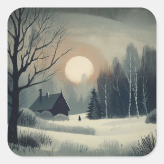 Winterlandschaft mit Schnee im Vintagen oder Retro Quadratischer Aufkleber