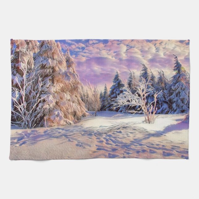 Winterlandschaft mit schneebedeckten Bäumen Aquare Geschirrtuch (Horizontal)