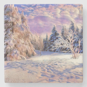 Winterlandschaft mit schneebedeckten Bäumen Aquare Steinuntersetzer