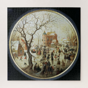 Winterlandschaft mit Skatern in der Nähe eines Sch Puzzle