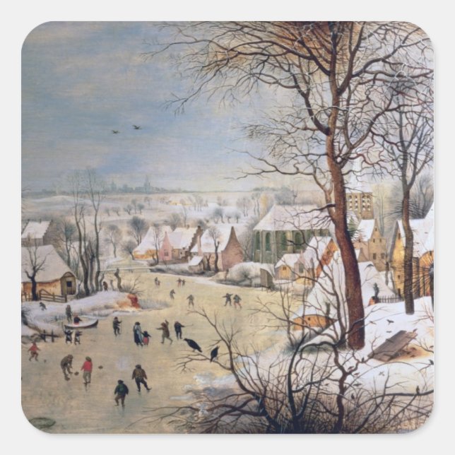 Winterlandschaft mit Vogelfalle, 1601 Quadratischer Aufkleber (Vorderseite)