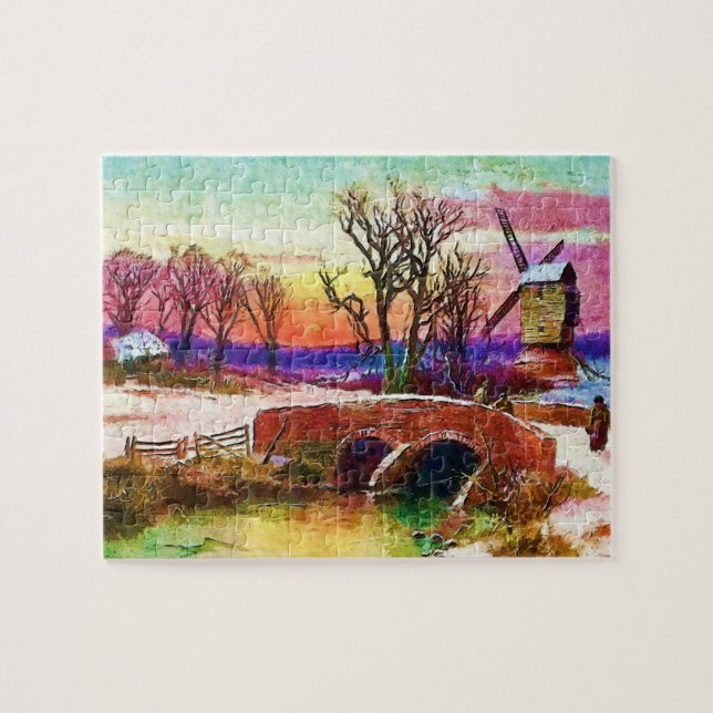 Winterlandschaft mit Windmühle und Steinbrücke Kun Puzzle (Horizontal)