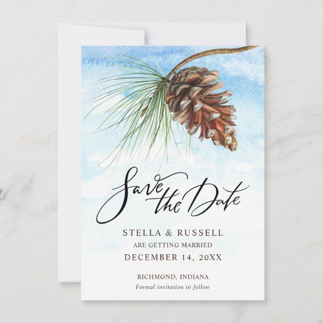 Winterlandschaft Pinecone Wasserfarbe Save the Dat (Vorderseite)