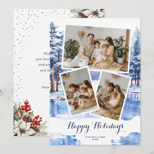 Winterlandschaft Poinsettie Stechpalmenbeeren Blau Feiertagskarte