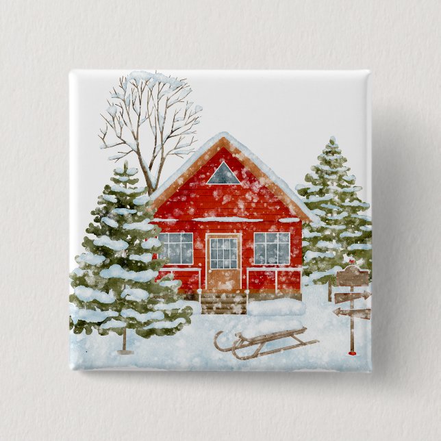 Winterlandschaft Rotes Haus Button (Vorderseite)