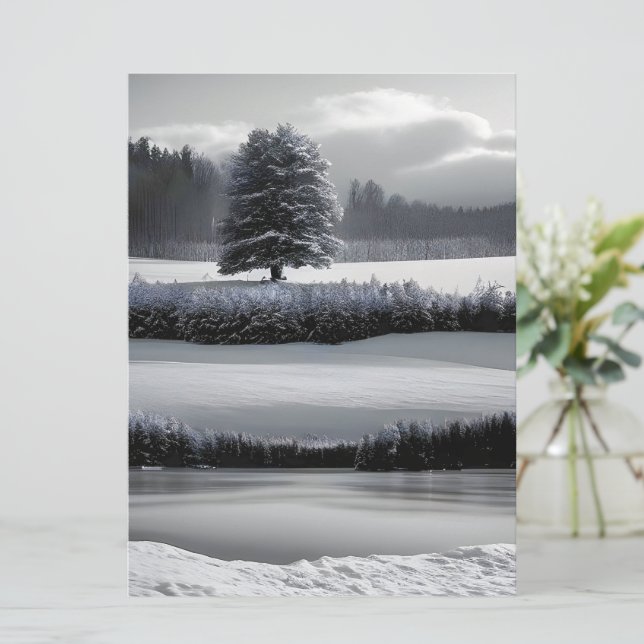 Winterlandschaft und Baum, Schwarz und Weiß - Kuns Einladung (Stehend Vorderseite)