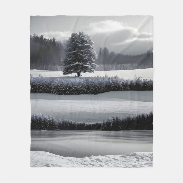 Winterlandschaft und Baum, Schwarz und Weiß - Kuns Fleecedecke (Vorderseite)