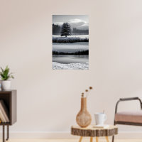 Winterlandschaft und Baum, Schwarz und Weiß - Kuns