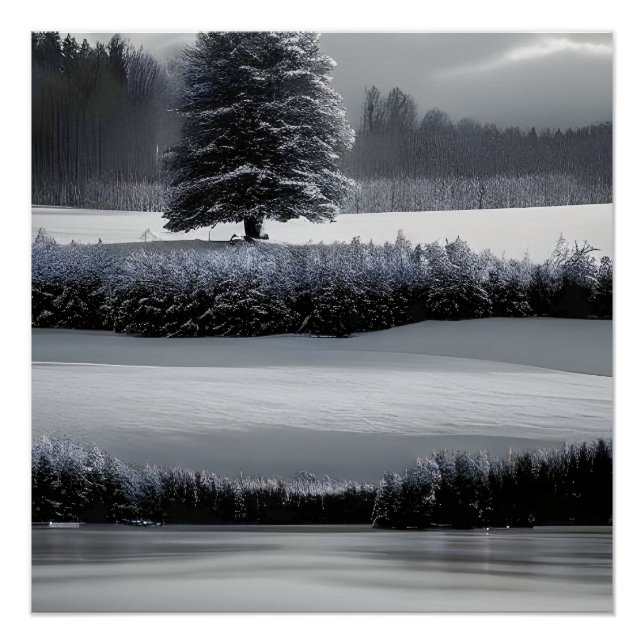 Winterlandschaft und Baum, Schwarz und Weiß - Kuns Poster (Vorderseite)