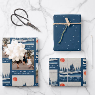 Winterlandschaft Wald Mond Blau Foto Geschenkpapier Set