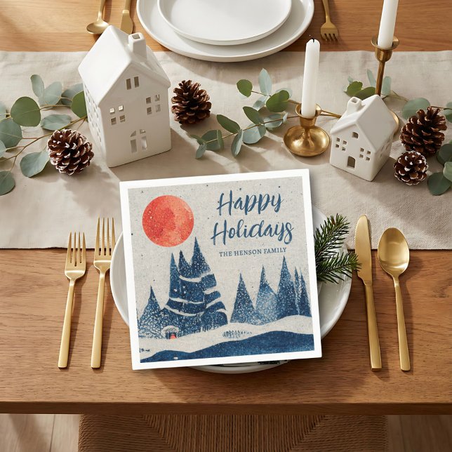 Winterlandschaft Wald Mond Navy Blau Zeichnung Serviette (Von Creator hochgeladen)