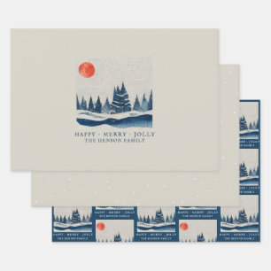 Winterlandschaft Wald Mond Weihnachten Ferien Geschenkpapier Set