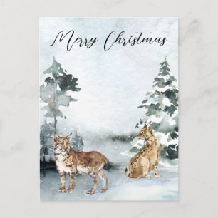 Winterlandschaft Wasserfarbe Bobcat Lynx Weihnacht Postkarte