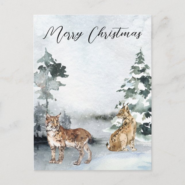 Winterlandschaft Wasserfarbe Bobcat Lynx Weihnacht Postkarte (Vorderseite)