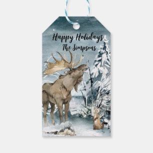 Winterlandschaft Wasserfarben Elche glückliche Fer Geschenkanhänger