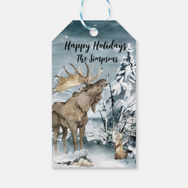 Winterlandschaft Wasserfarben Elche glückliche Fer Geschenkanhänger (Rückseite)