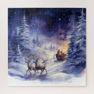 Winterlandschaft Weihnachts-Rentier und Schlitten Puzzle