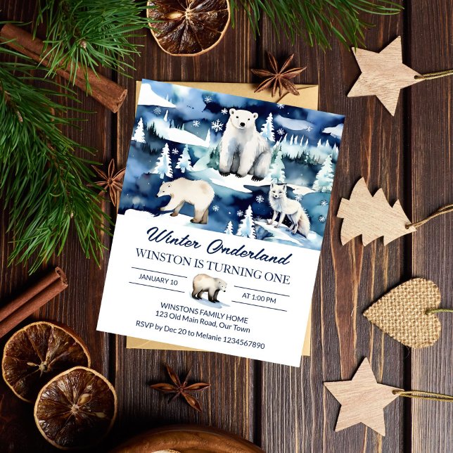 Winterlandtiere zum Geburtstag einladen (Winter onederland arctic animals birthday party budget  invitation white and blue affordable invite)