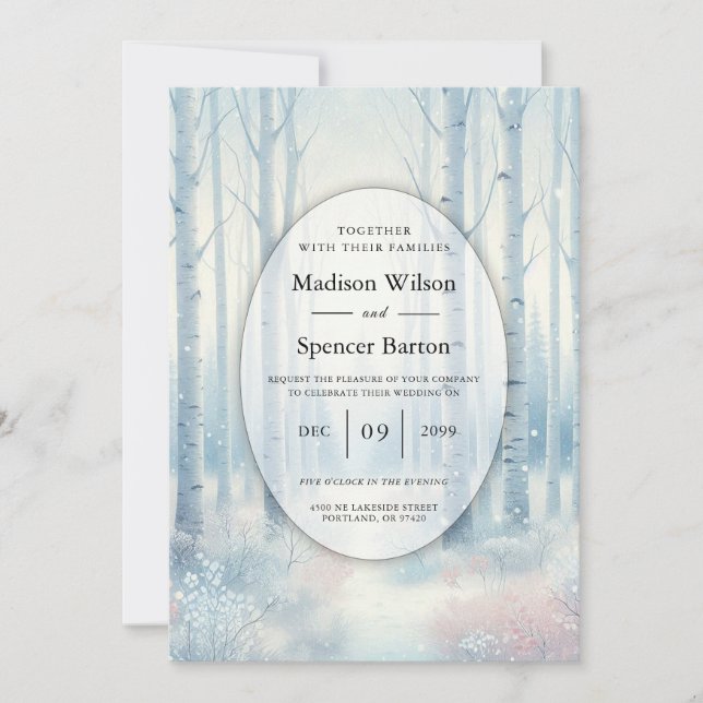 Winterliche Blaue Birkenwald Hochzeit Einladung (Vorderseite)