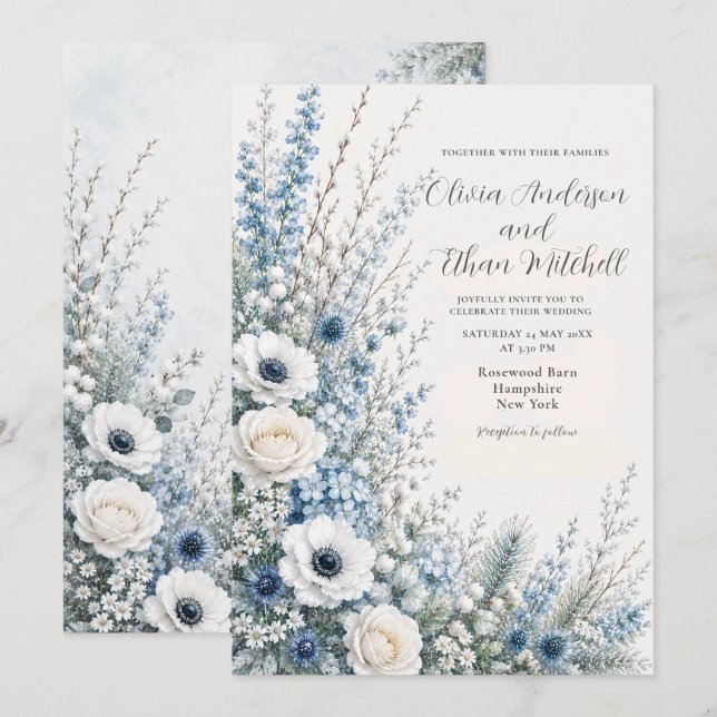 Winterliche blaue florale Hochzeit Einladung (Vorne/Hinten)