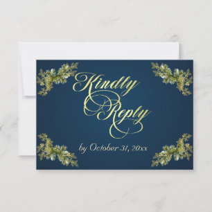 Winterliche botanische Kalligrafie - Gold/Blau RSVP Karte