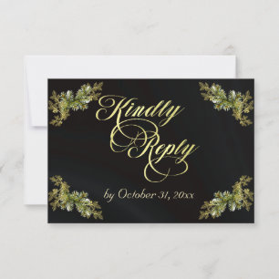 Winterliche botanische Kalligrafie - Gold/Schwarz RSVP Karte