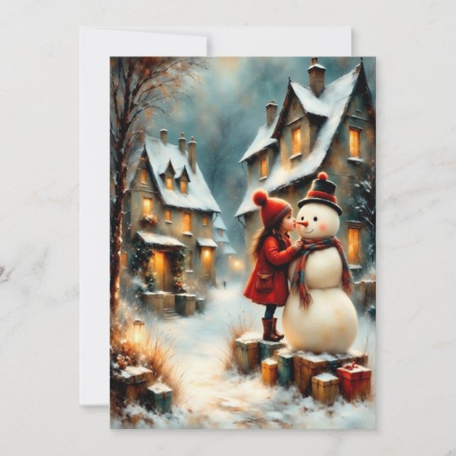 Winterliche Dorfszene mit Mädchen und Schneemann Einladung (Vorderseite)