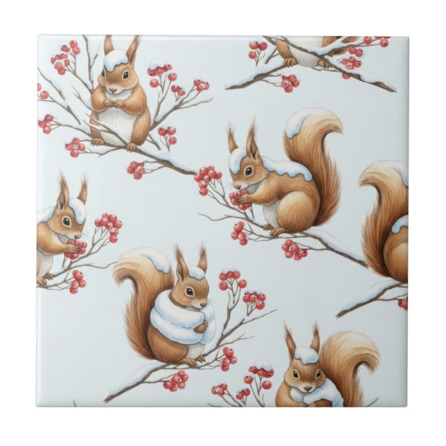 Winterliche Eichhörnchen zwischen schneebedeckten  Fliese (Vorderseite)