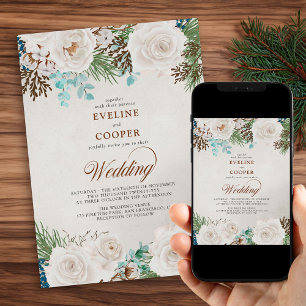 Winterliche Florale Aquarell Weiße Rosen Hochzeit Einladung