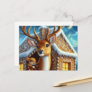 Winterliche Hirschfamilie im Lebkuchenhäuschen Gru Postkarte