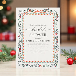 Winterliche Hochzeitsdusche mit roter Schleife und Einladung