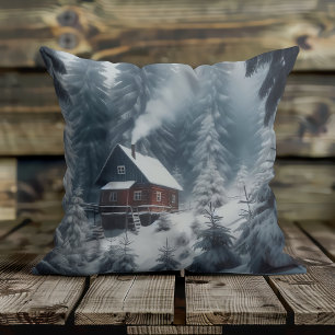Winterliche Kabinenszene mit Schnee und Kiefern Kissen