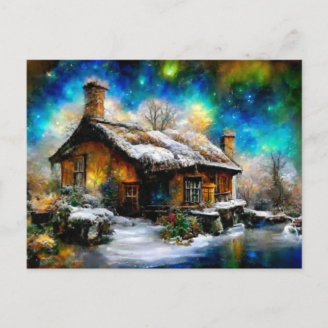 Winterliche Landschaft mit Fantasie Cottage Haus Postkarte (Vorderseite)