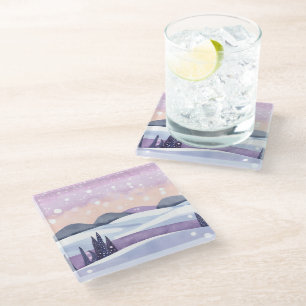 Winterliche lila Hügel Wasserfarben Glasuntersetzer