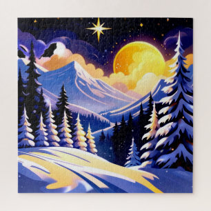 Winterliche Nachtlandschaft mit schneebedeckten Be Puzzle