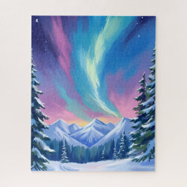 Winterliche Nordlicht-Wasserfarben-Bergnacht Puzzle