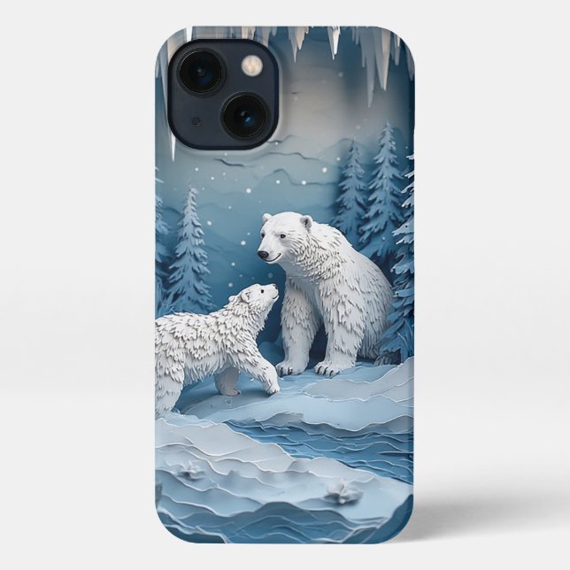 Winterliche Papierkunstszene mit Eisbären iPhone Hülle (Rückseite)