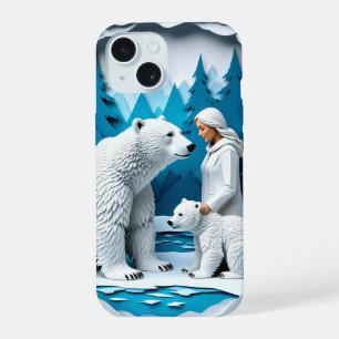 Winterliche Papierkunstszene mit Frau und Eisbären iPhone 15 Hülle