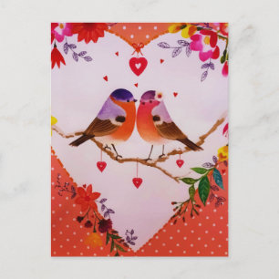 Winterliche rosa Liebesvögel mit floralen Punkten Postkarte