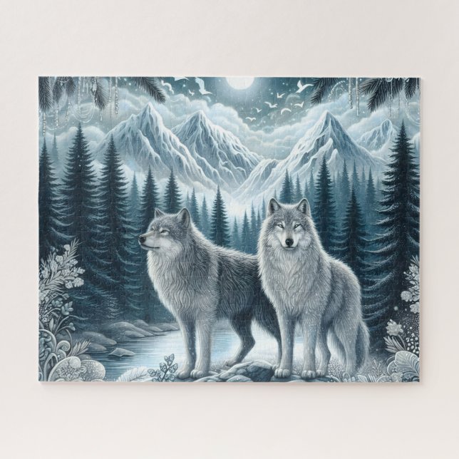 Winterliche Schneebebirgswölfe Puzzle (Horizontal)