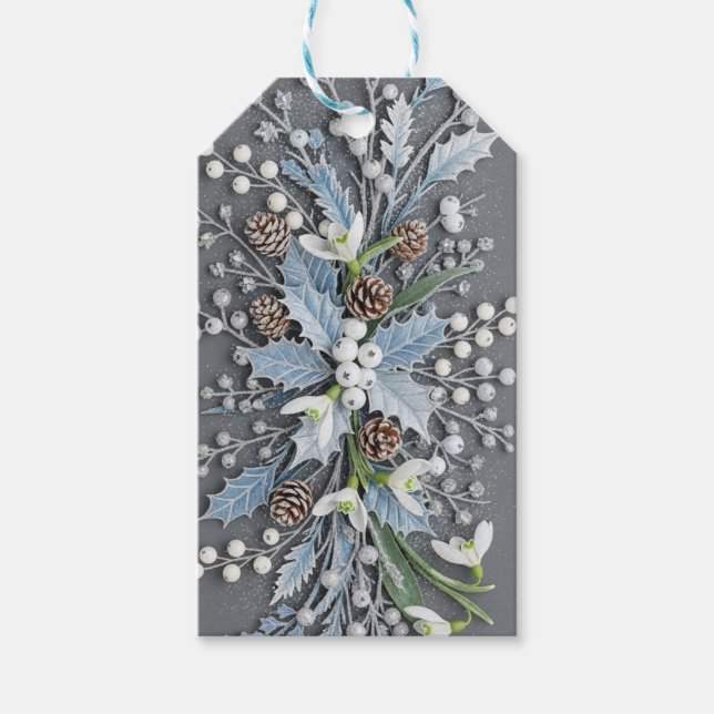 Winterliche Schneeglöckchen-Blumenanordnung mit Fr Geschenkanhänger (Vorderseite)