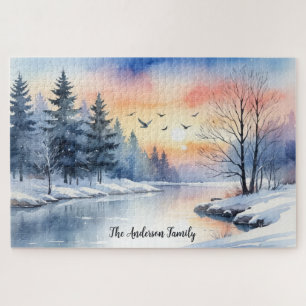 Winterliche Schneeszene Wasserfarben See Sonnenauf Puzzle