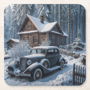 Winterliche Szene einer schneebedeckten Hütte im W Rechteckiger Pappuntersetzer