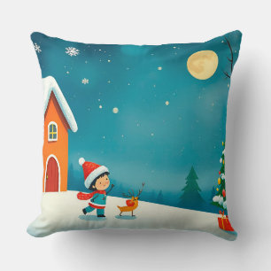 Winterliche Szene mit Kind, Rentier und Weihnachts Kissen